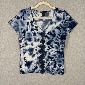 August Silk Shirt Womens Large Tie Dye Crochet Knit Short Sleeve V Neck Boho